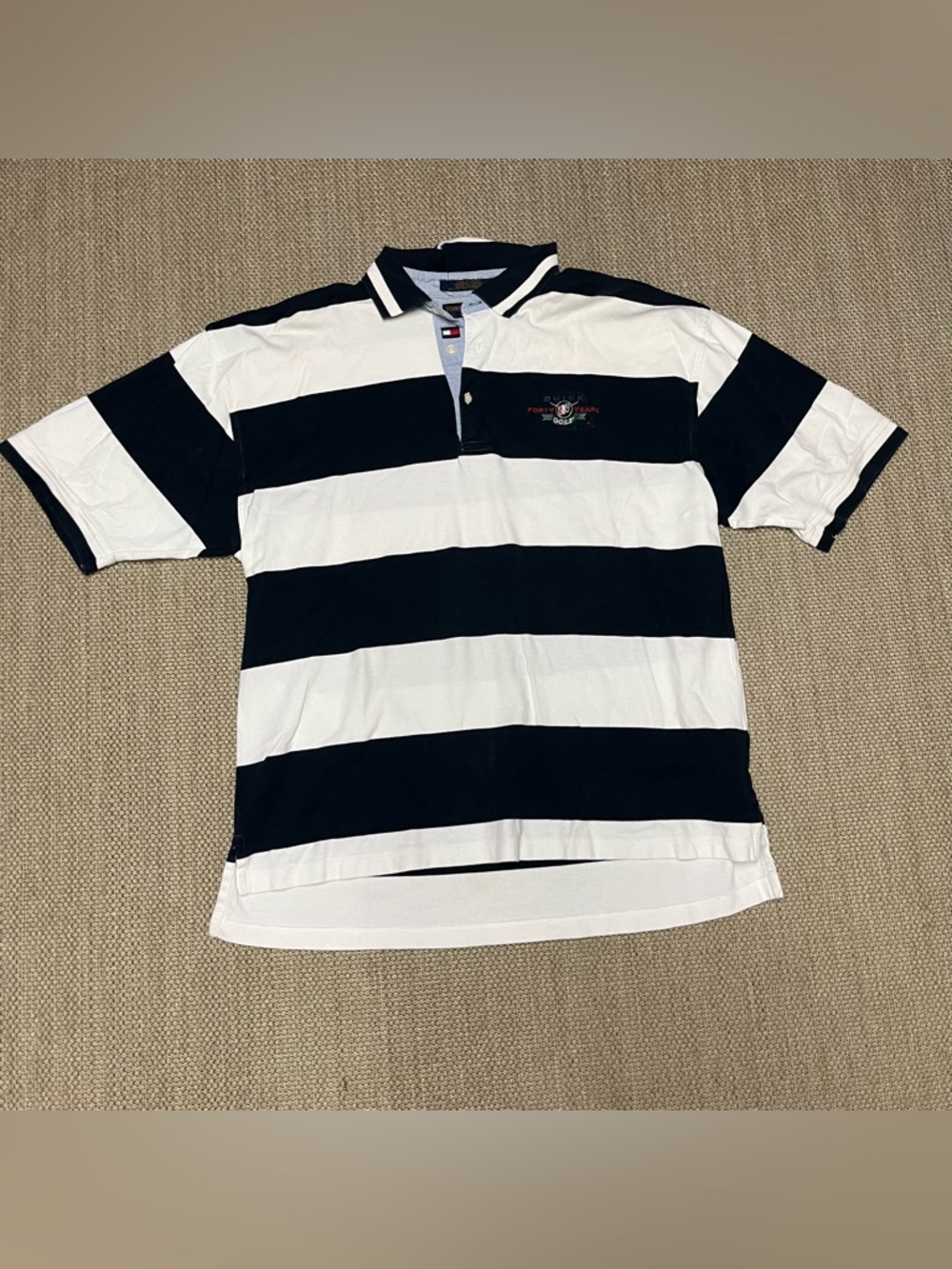 Men's Tommy Hilfiger Golf Navy and White Striped Polo with Buick Golf Logo